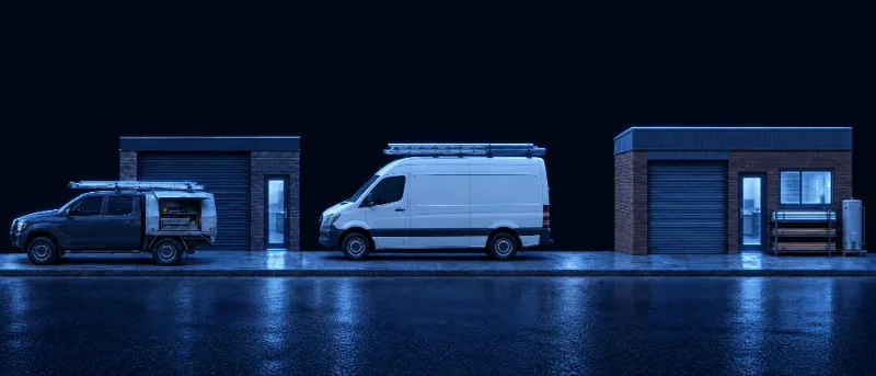 Illustration of three sample businesses at night: an aircon business's ute with its tool canopy open beside its brick workshop, an electrician's white van with a ladder on the roof, and a plumber's brick workshop with pipes racked outside, its door and office window lit. Small sample screens are drawn on the ute canopy, the van's side and the workshop window.